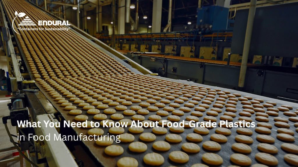 Food production facility using food-grade plastic conveyor systems to transport baked products through a manufacturing line.